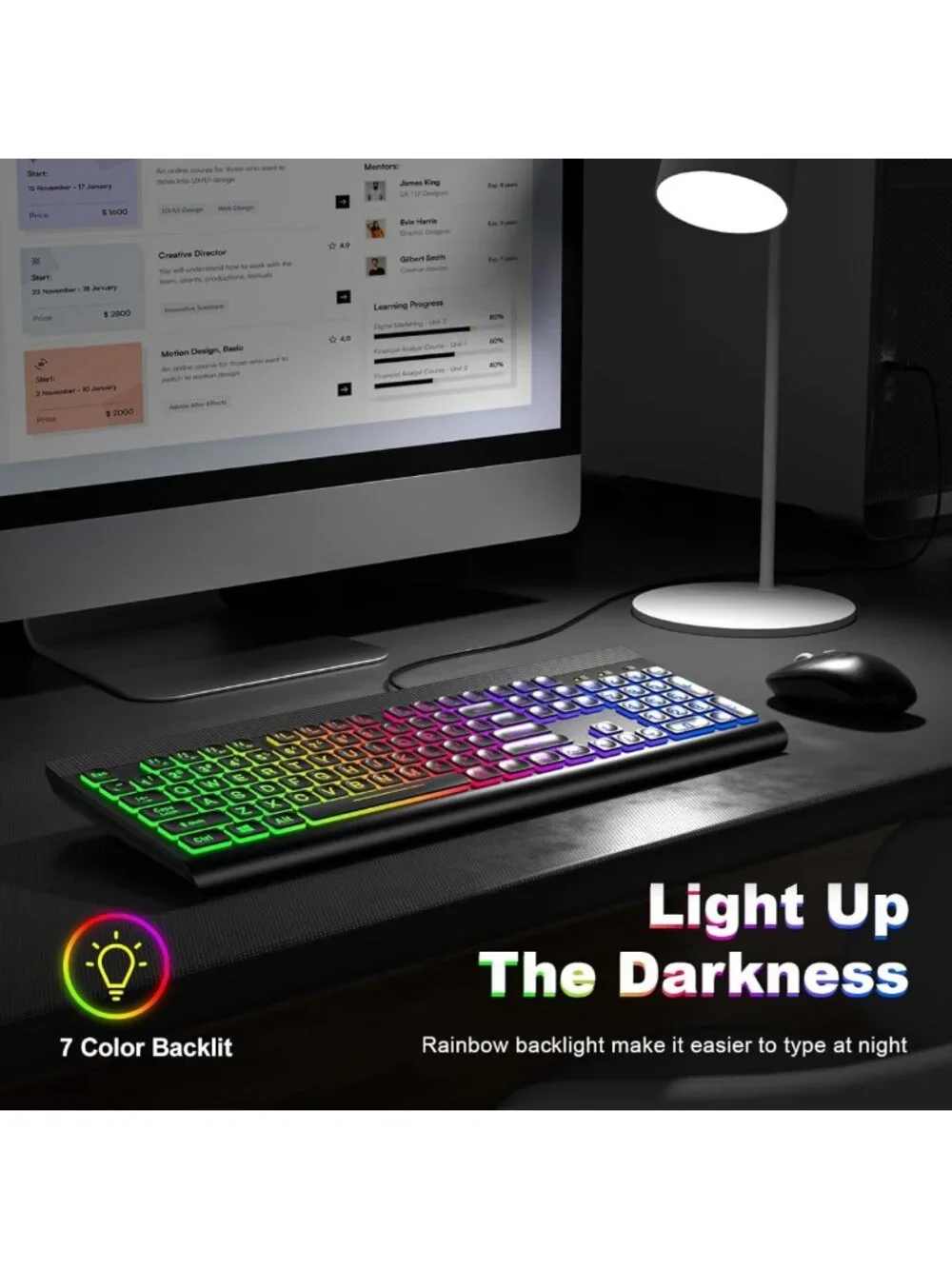 Large Print Backlit USB Keyboard - Full Size Rainbow LED for PC, Laptop & Gaming
